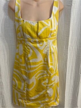 Calvin Klein sundress with vibrant yellow and white geometric Mardi Gras print 6